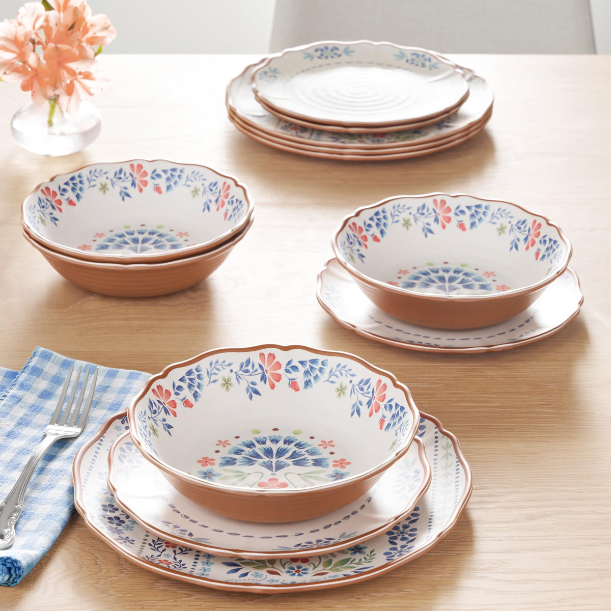12-Piece Multicolor Bamboo Melamine Dinnerware Set Service For 4 X907