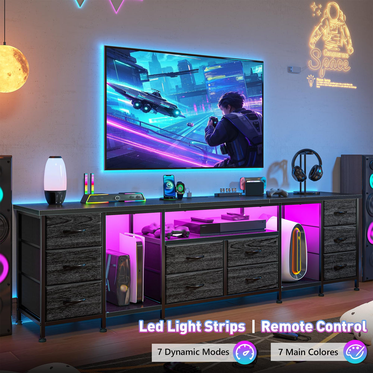 75.5" Long TV Stand with LED, Power Outlets & 10 Drawers M1153