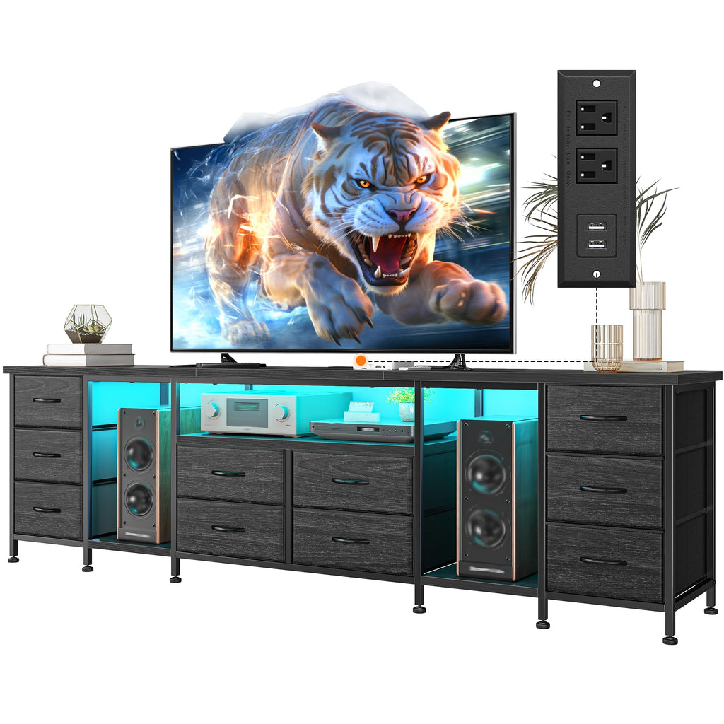 75.5" Long TV Stand with LED, Power Outlets & 10 Drawers M1153