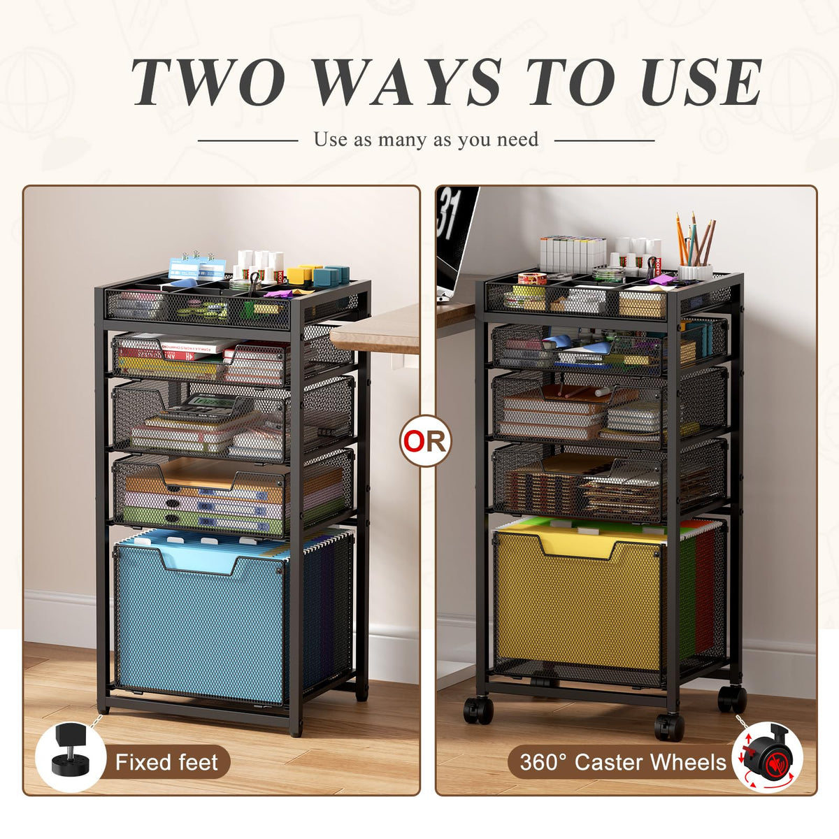 Rolling File Cart with 4 Storage Drawers, Black Metal G732202