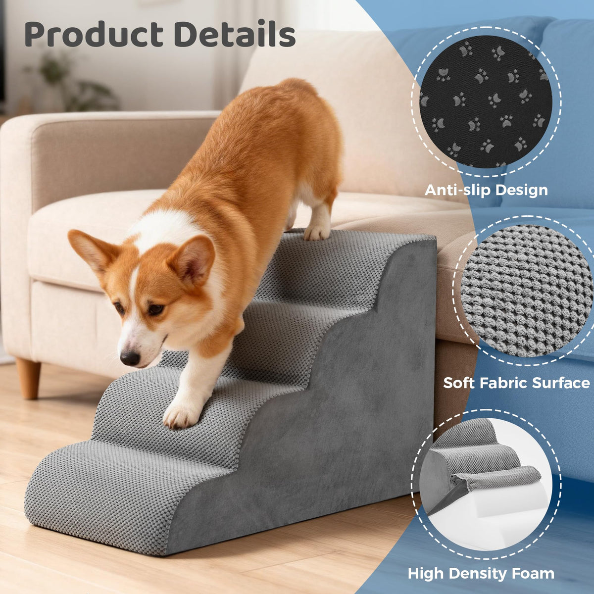 Grey 4-Step Curved Pet Dog Stairs G244545