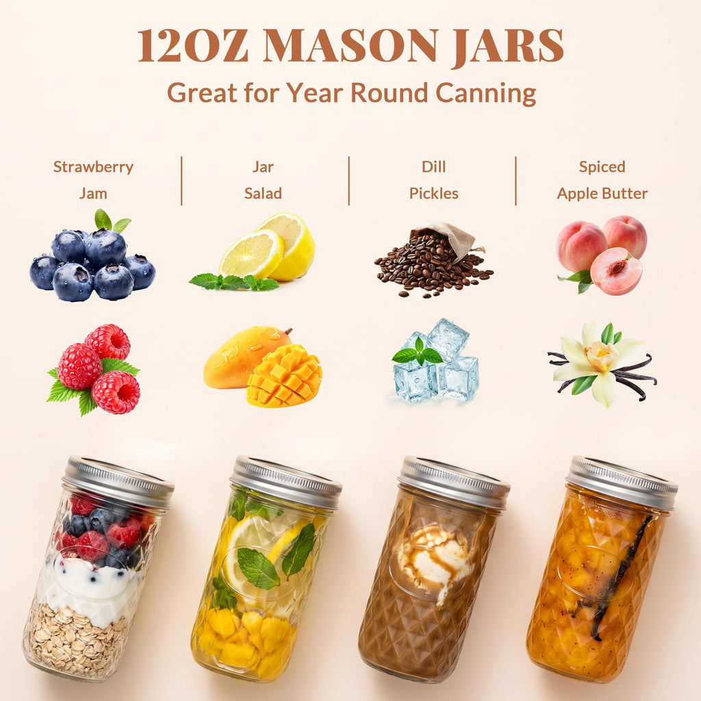12 Pack 12oz Regular Mouth Glass Jars With Lids B181