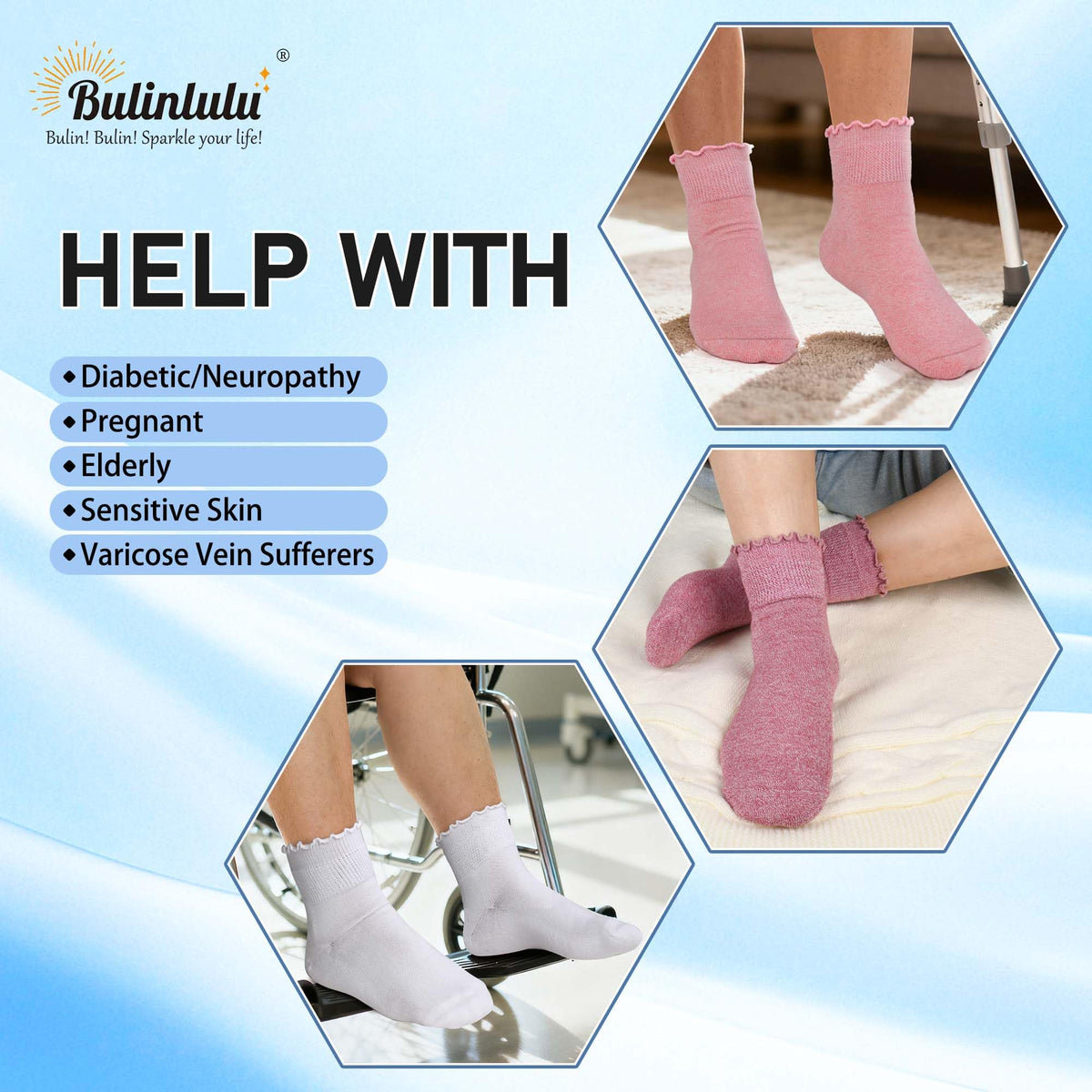 Women's 6 Pairs Non-Binding Diabetic Socks Size 9-11 K9934