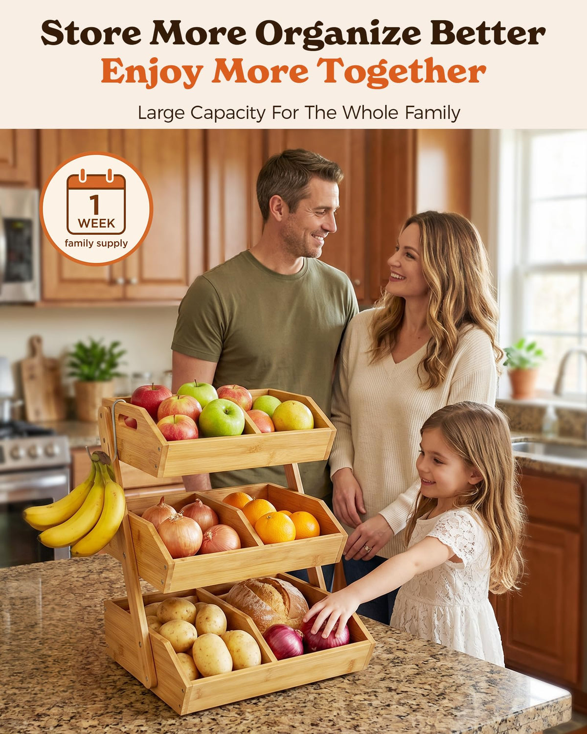 3-Tier Bamboo Fruit Basket with 2 Banana Holders X1176