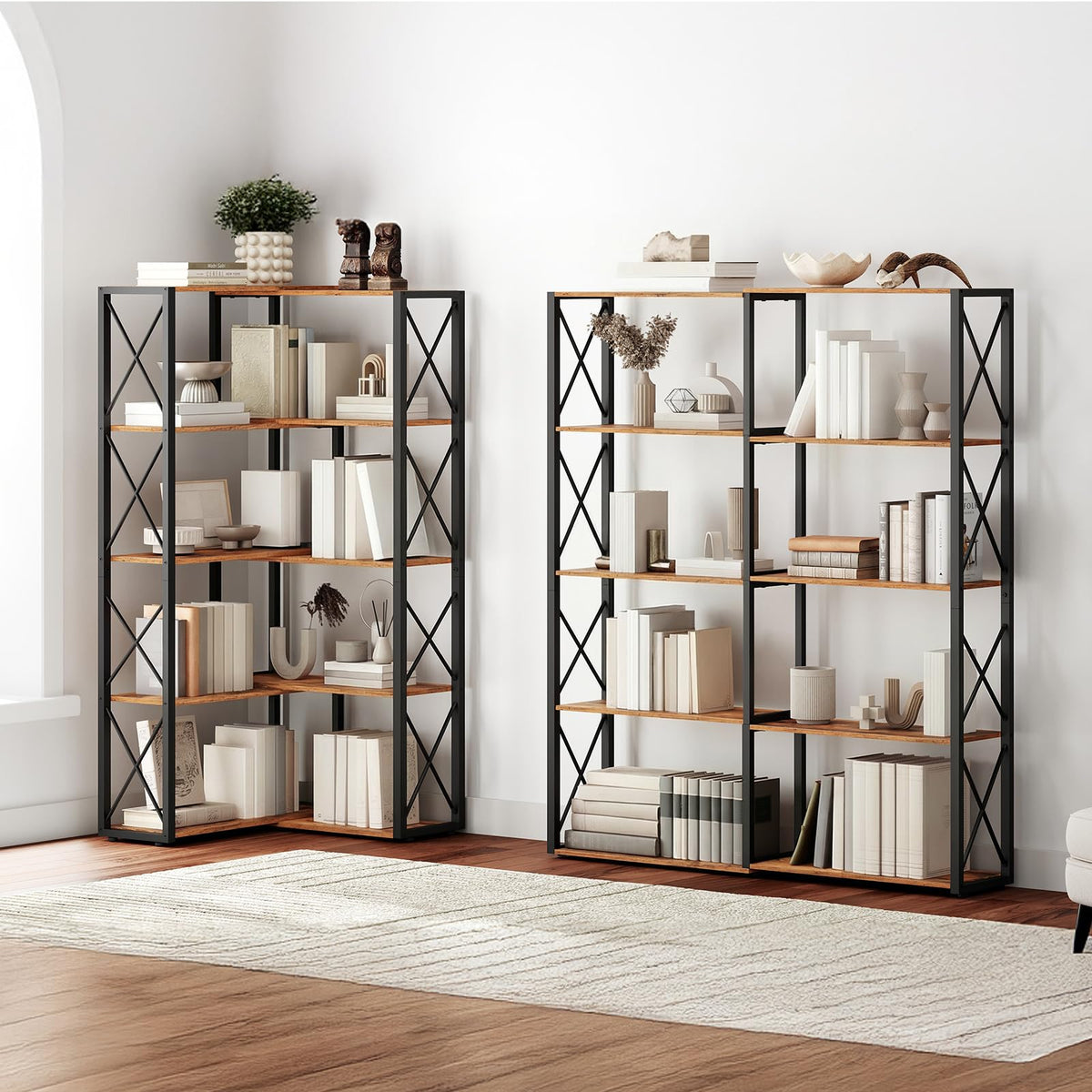 5-Tier Rustic Brown and Black Corner Bookshelf E773597