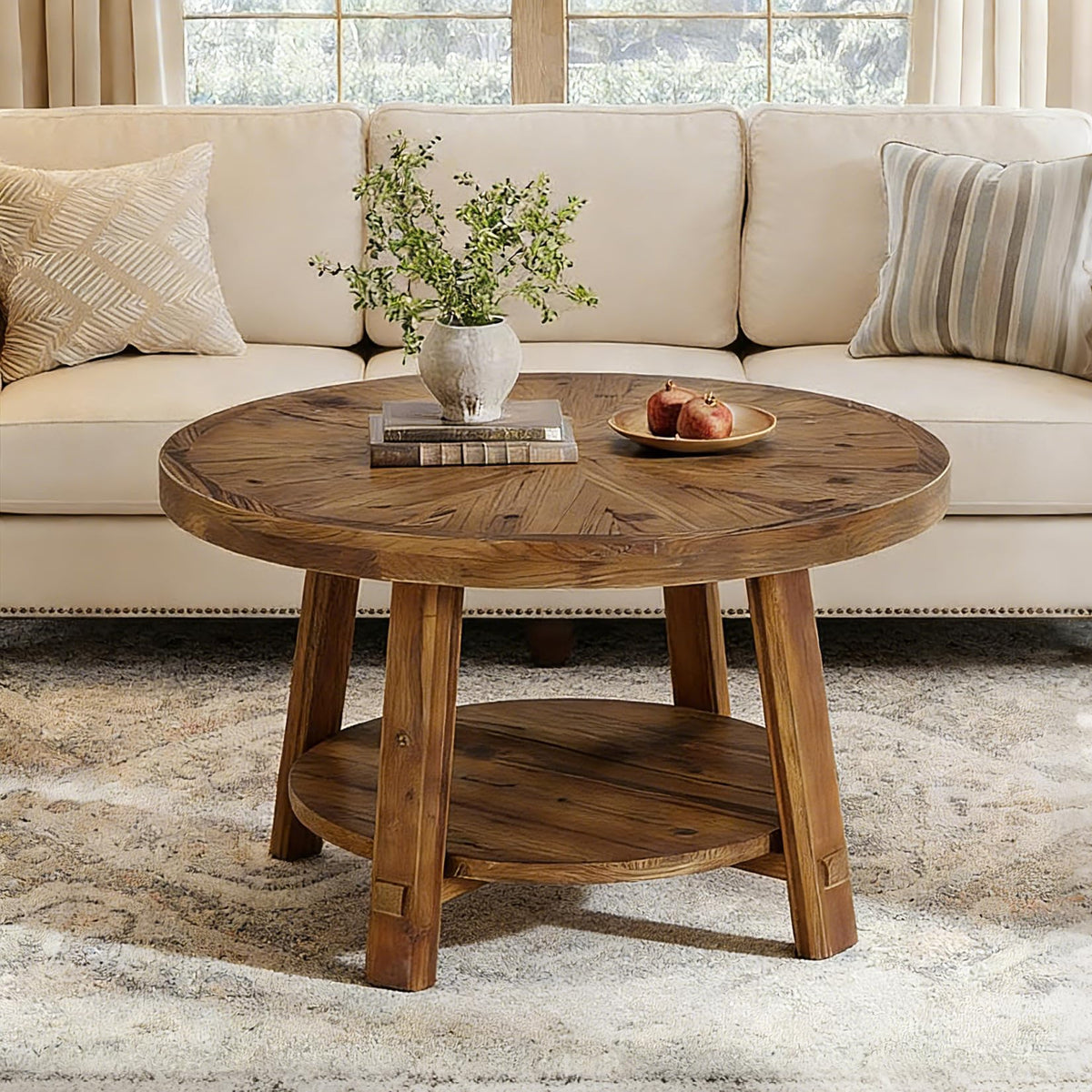 Solid Wood 2-Tier Round Coffee Table with Storage D24261