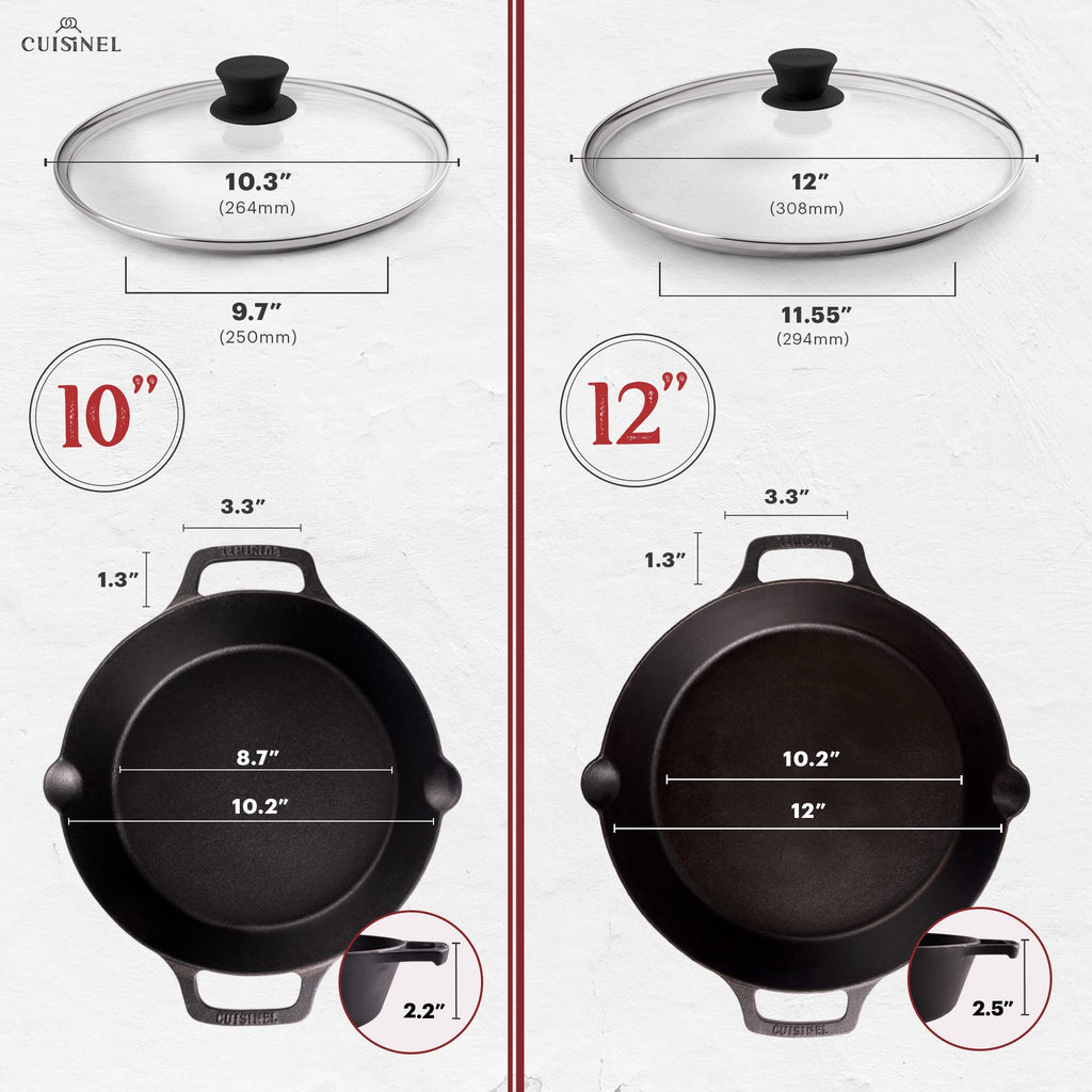 Cast Iron Skillet Set 10" + 12" Dual Handle Frying Pans with Glass Lids Pre-seasoned Oven Safe Cookware Z5972