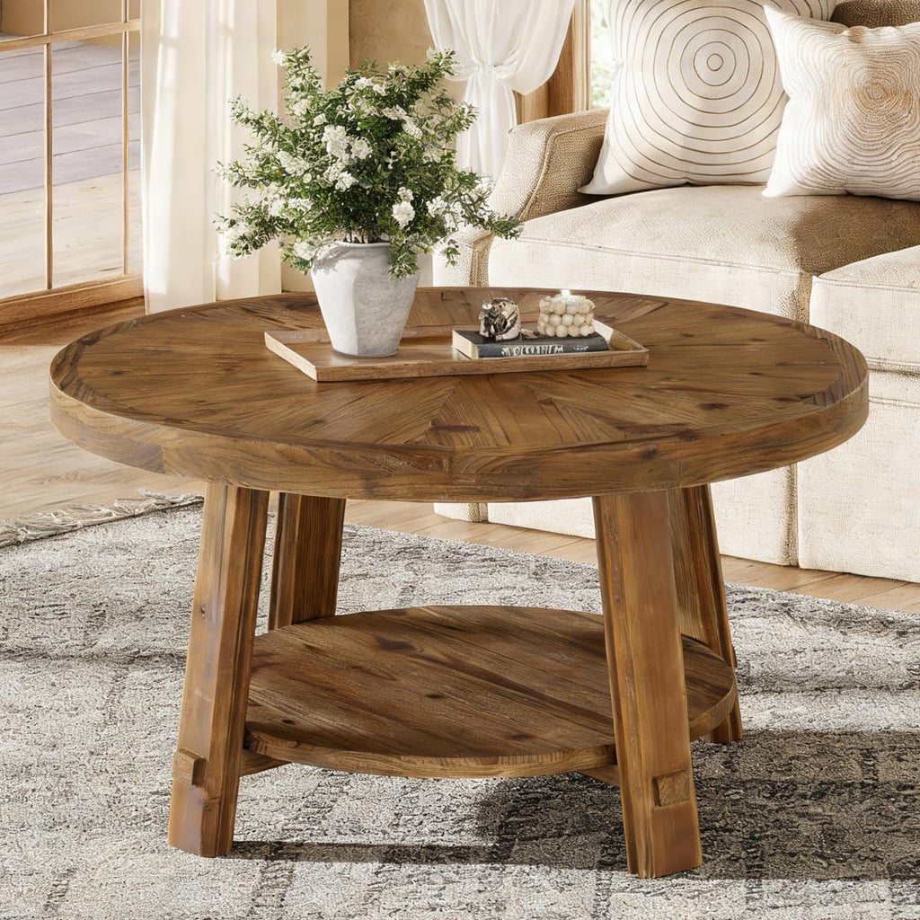 Solid Wood 2-Tier Round Coffee Table with Storage D24261