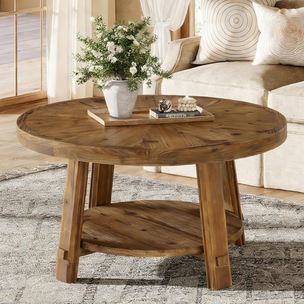 Solid Wood 2-Tier Round Coffee Table with Storage D24261