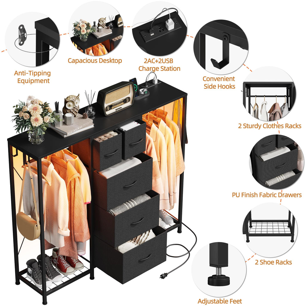 Black 5-Drawer Dresser with 2 Hanging Racks P167764