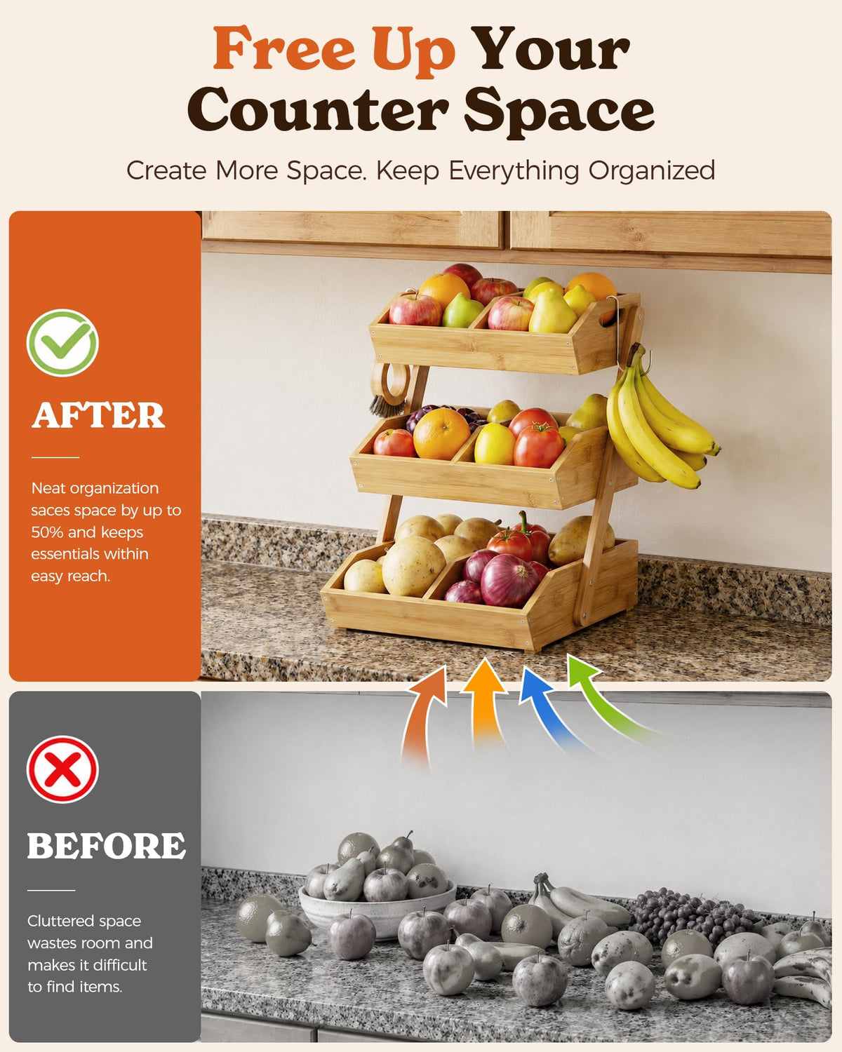 3-Tier Bamboo Fruit Basket with 2 Banana Holders X1176