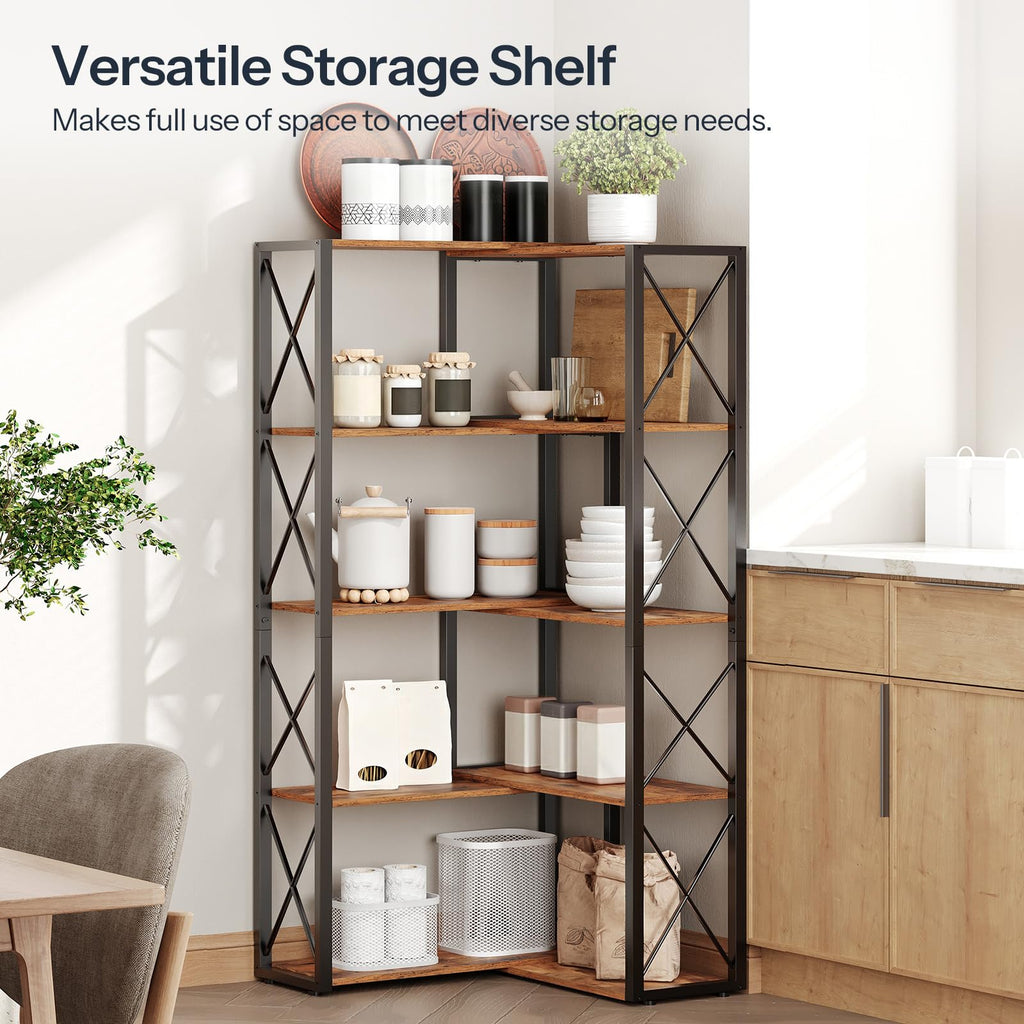 5-Tier Rustic Brown and Black Corner Bookshelf E773597