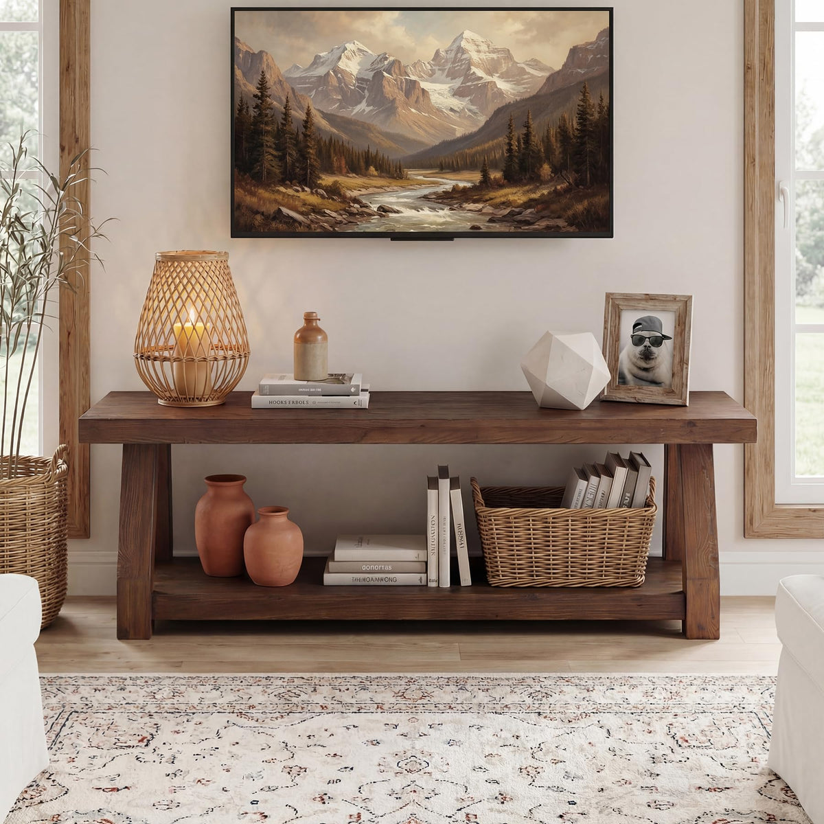 Solid Wood TV Stand, 2-Tier Media Console with Open Storage, Walnut Brown N30842