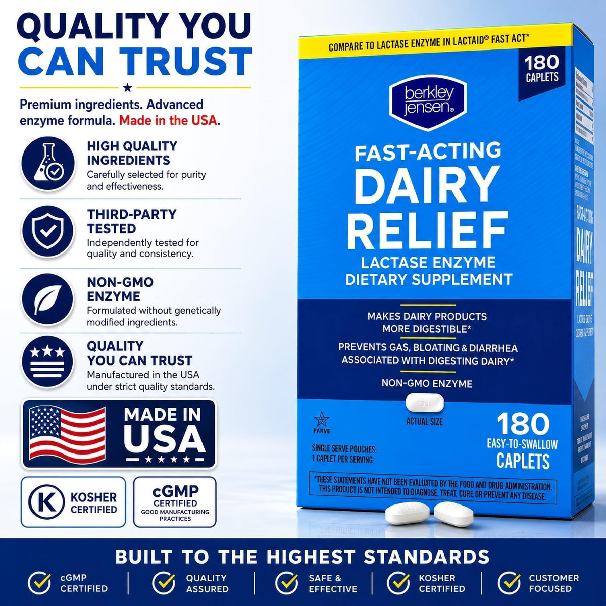 Maximum Strength Fast Acting Lactase Enzyme 9000 FCC Digestive Supplement, 180 Tablets S17091