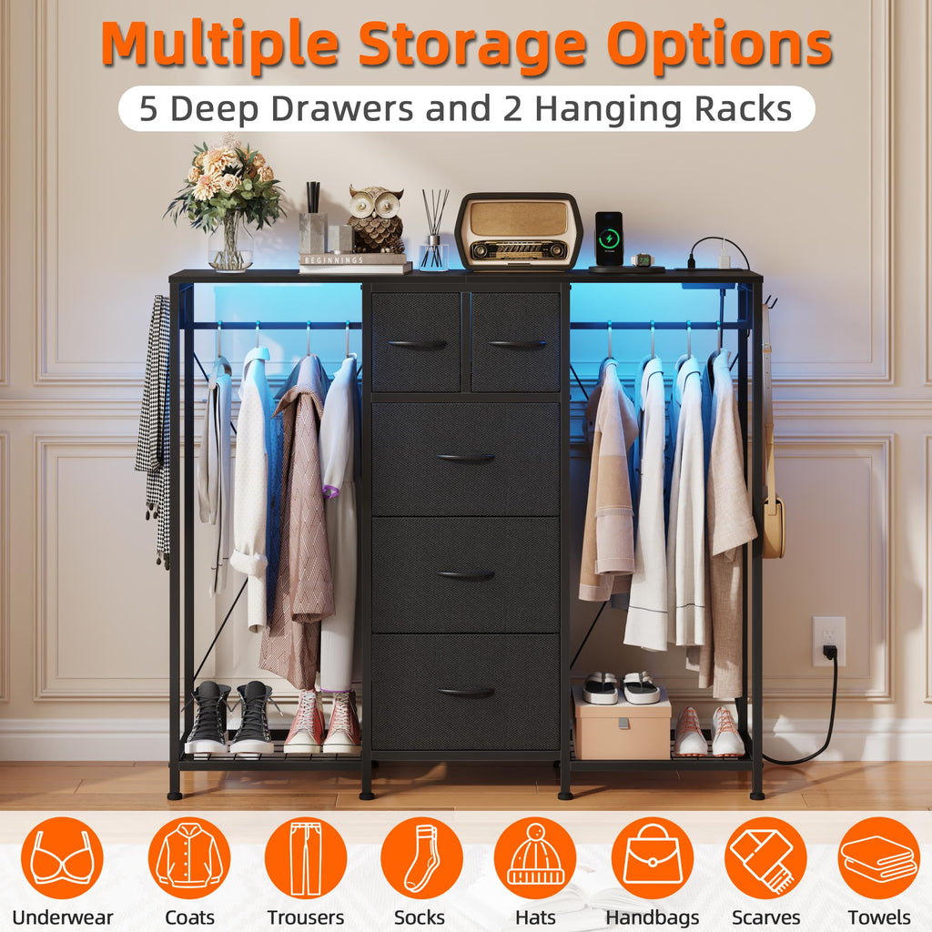 Black 5-Drawer Dresser with 2 Hanging Racks P167764