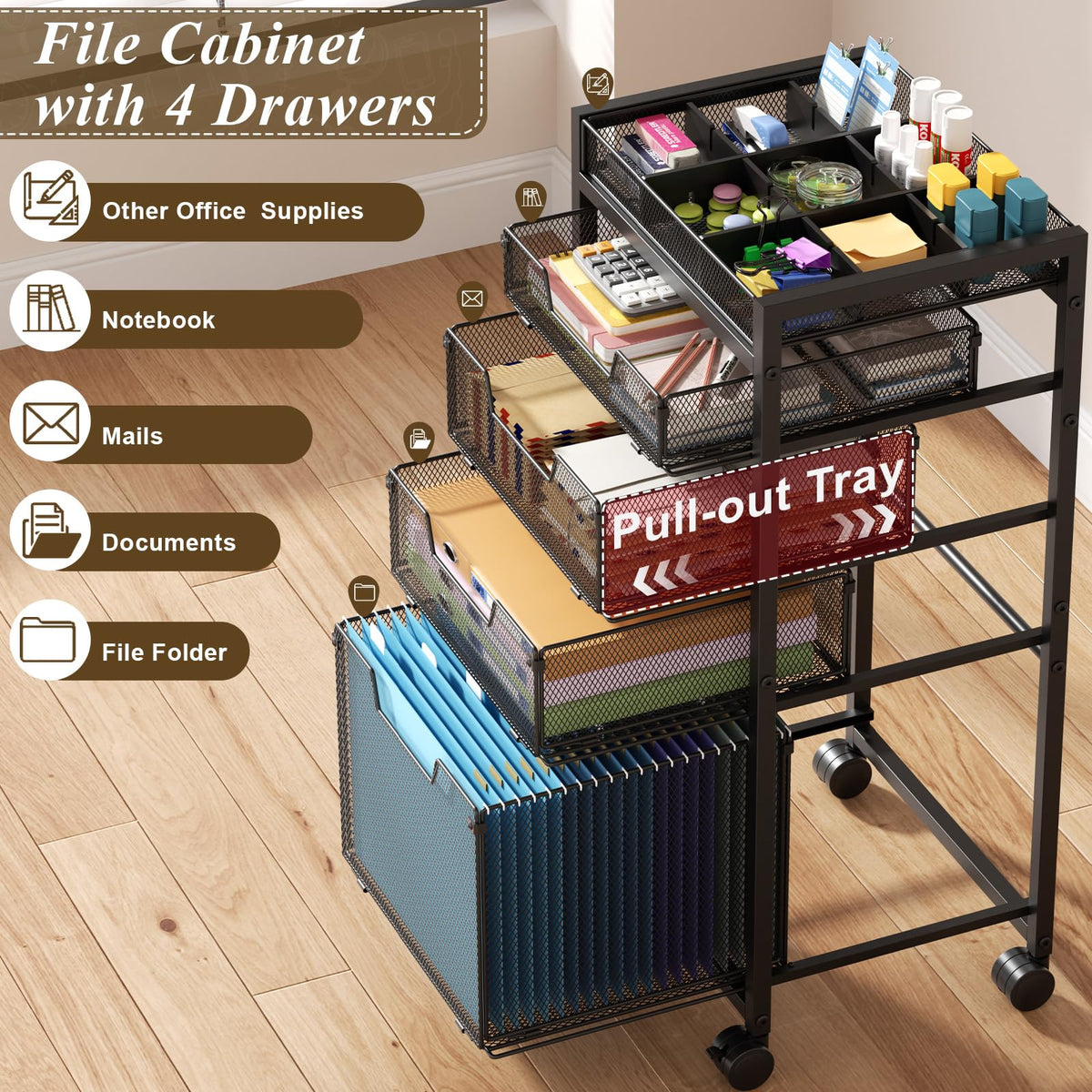 Rolling File Cart with 4 Storage Drawers, Black Metal G732202