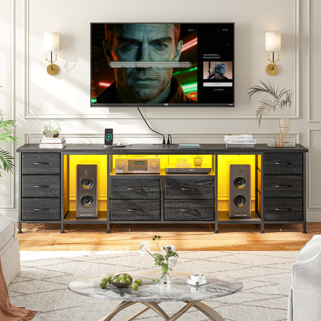 75.5" Long TV Stand with LED, Power Outlets & 10 Drawers M1153
