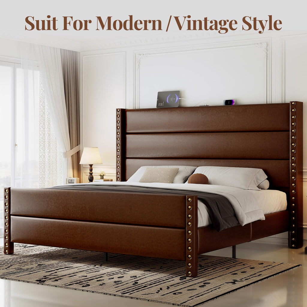 King Size Brown Faux Leather Platform Bed Frame E803500