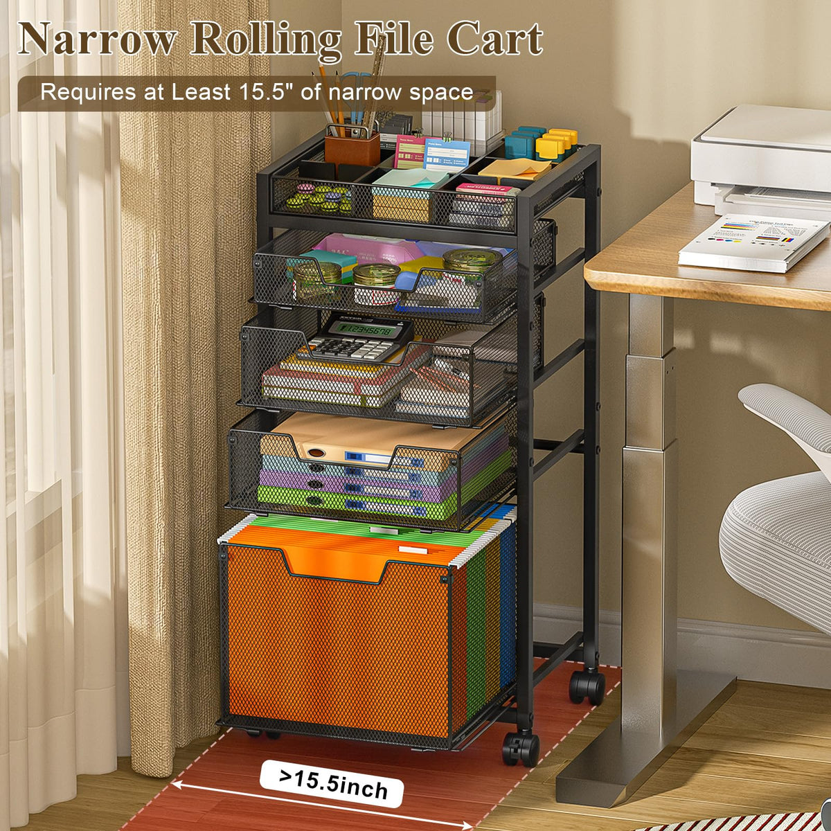 Rolling File Cart with 4 Storage Drawers, Black Metal G732202