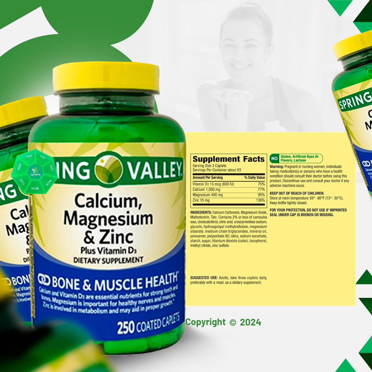 Calcium, Magnesium, Zinc & Vitamin D3 Dietary Supplement, 250 Caplets (2 Pack) B2629