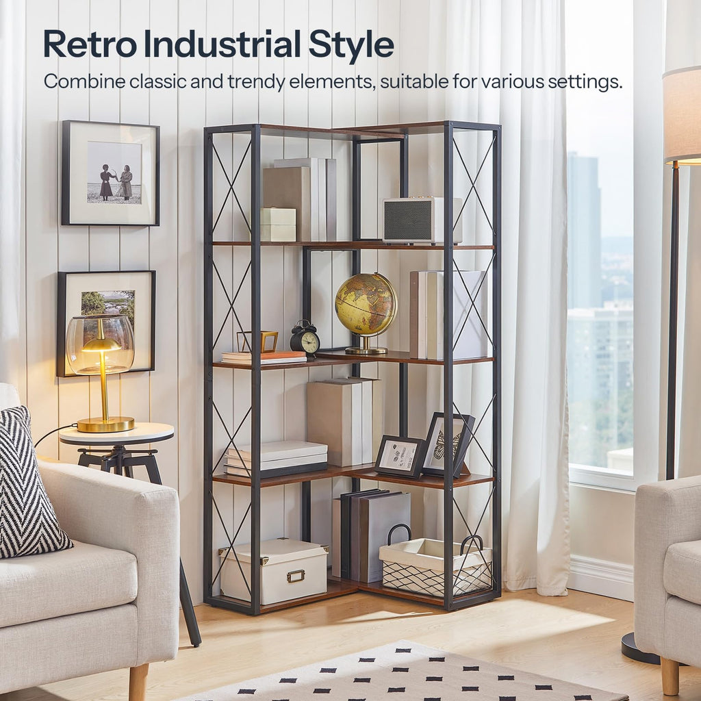5-Tier Rustic Brown and Black Corner Bookshelf E773597