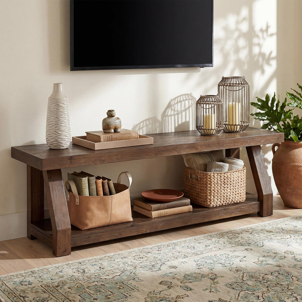 Solid Wood TV Stand, 2-Tier Media Console with Open Storage, Walnut Brown N30842