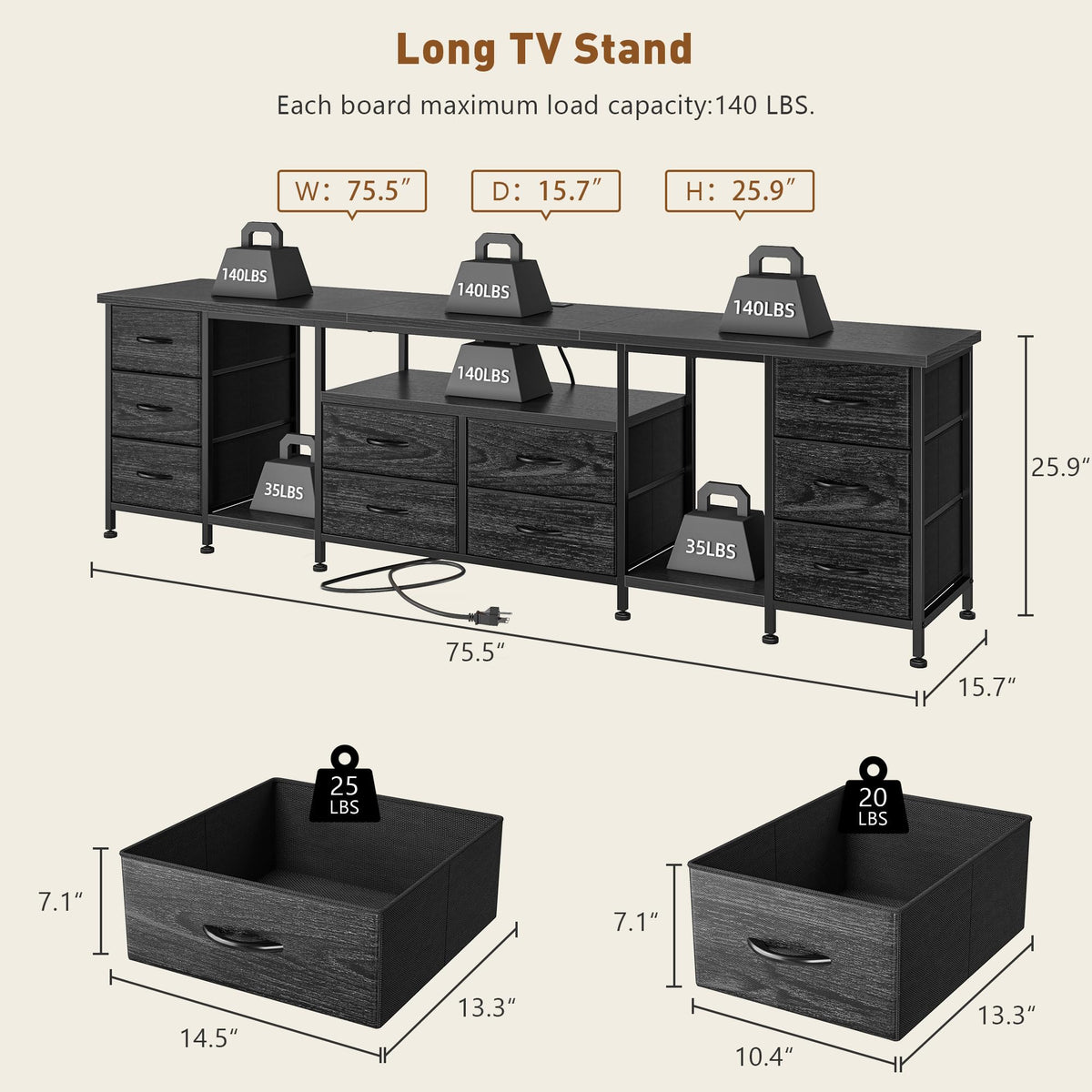 75.5" Long TV Stand with LED, Power Outlets & 10 Drawers M1153