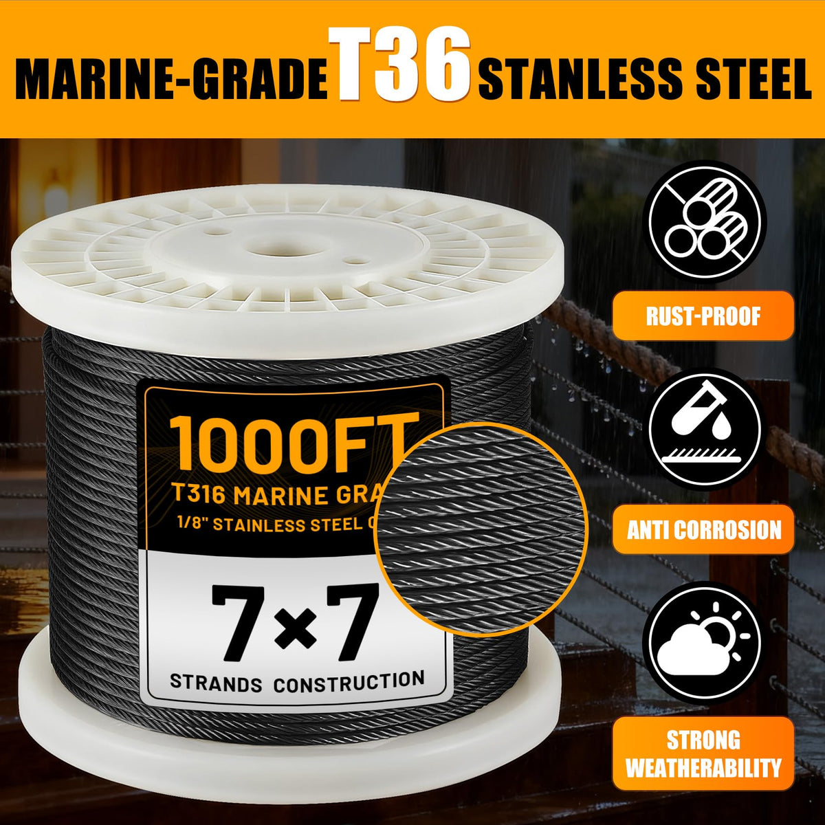 1/8" Stainless Steel Cable 1000FT T316 Wire Rope F7138