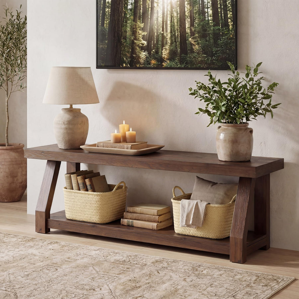 Solid Wood TV Stand, 2-Tier Media Console with Open Storage, Walnut Brown N30842
