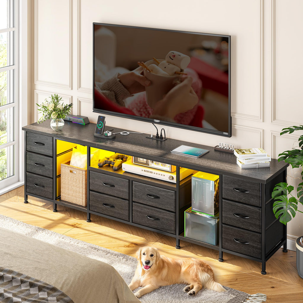 75.5" Long TV Stand with LED, Power Outlets & 10 Drawers M1153