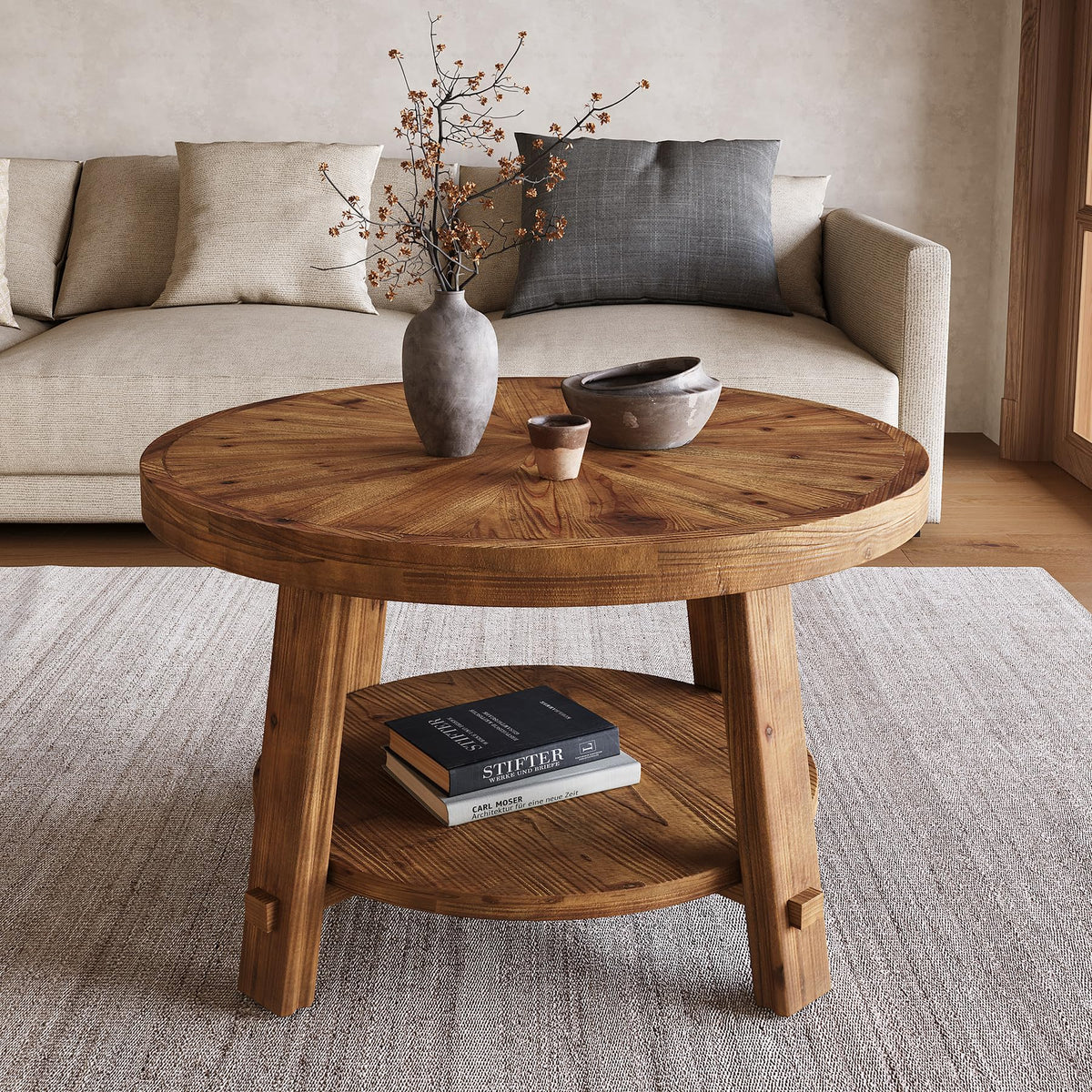 Solid Wood 2-Tier Round Coffee Table with Storage D24261