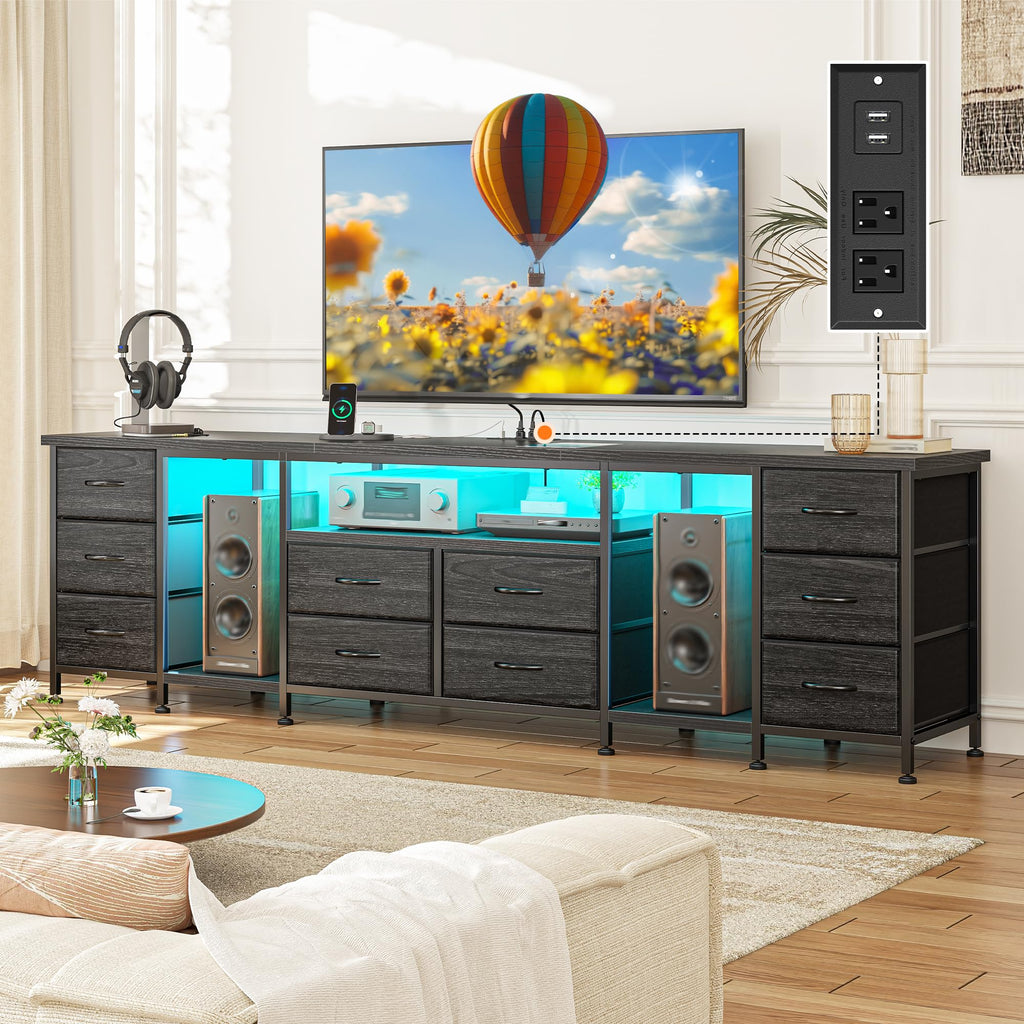 75.5" Long TV Stand with LED, Power Outlets & 10 Drawers M1153