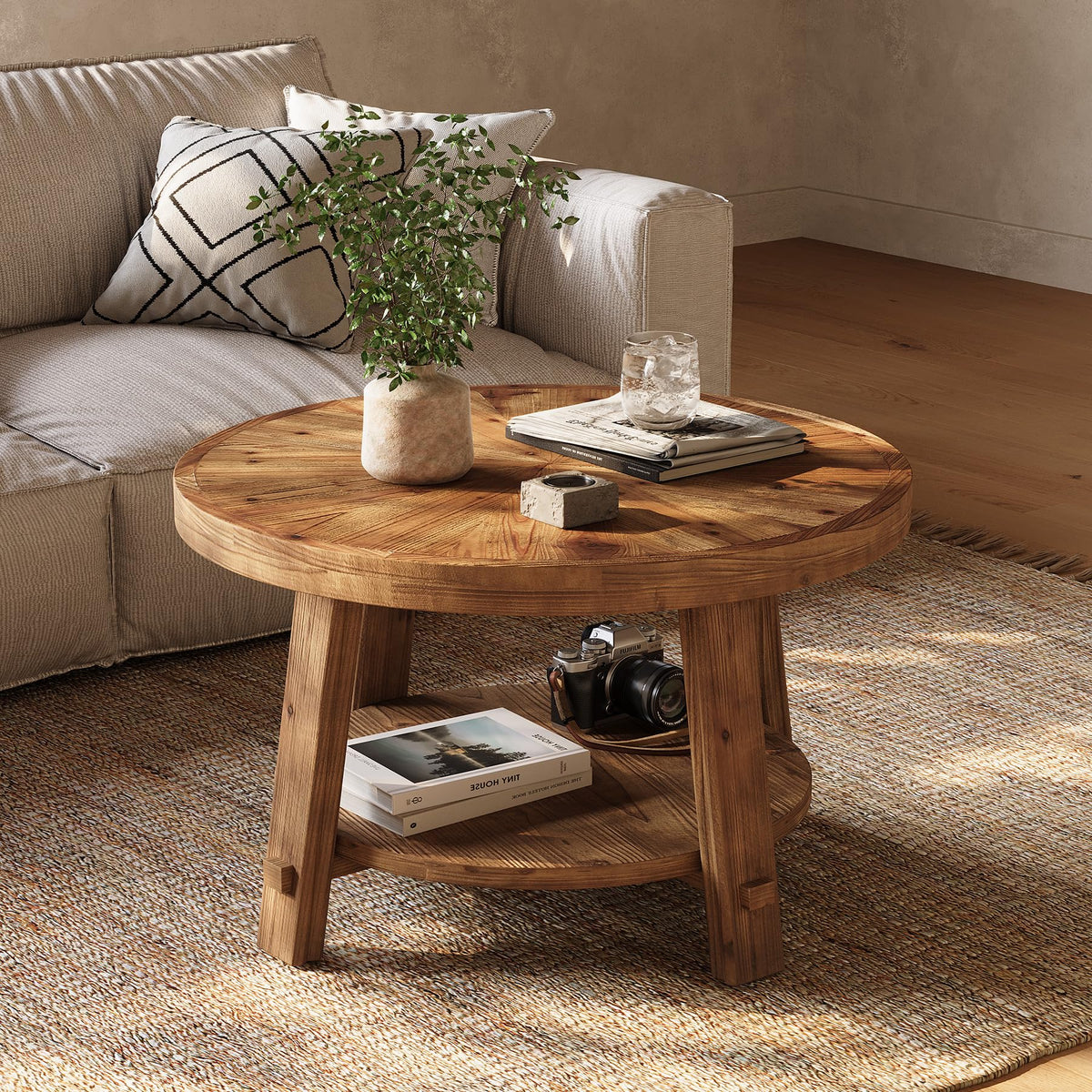 Solid Wood 2-Tier Round Coffee Table with Storage D24261