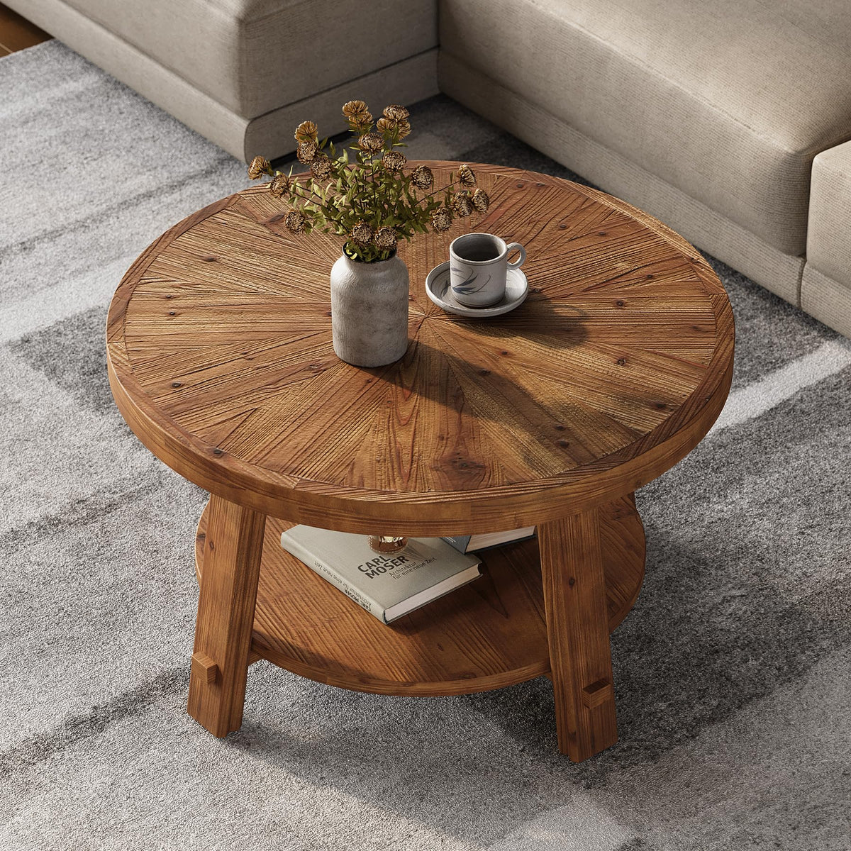 Solid Wood 2-Tier Round Coffee Table with Storage D24261